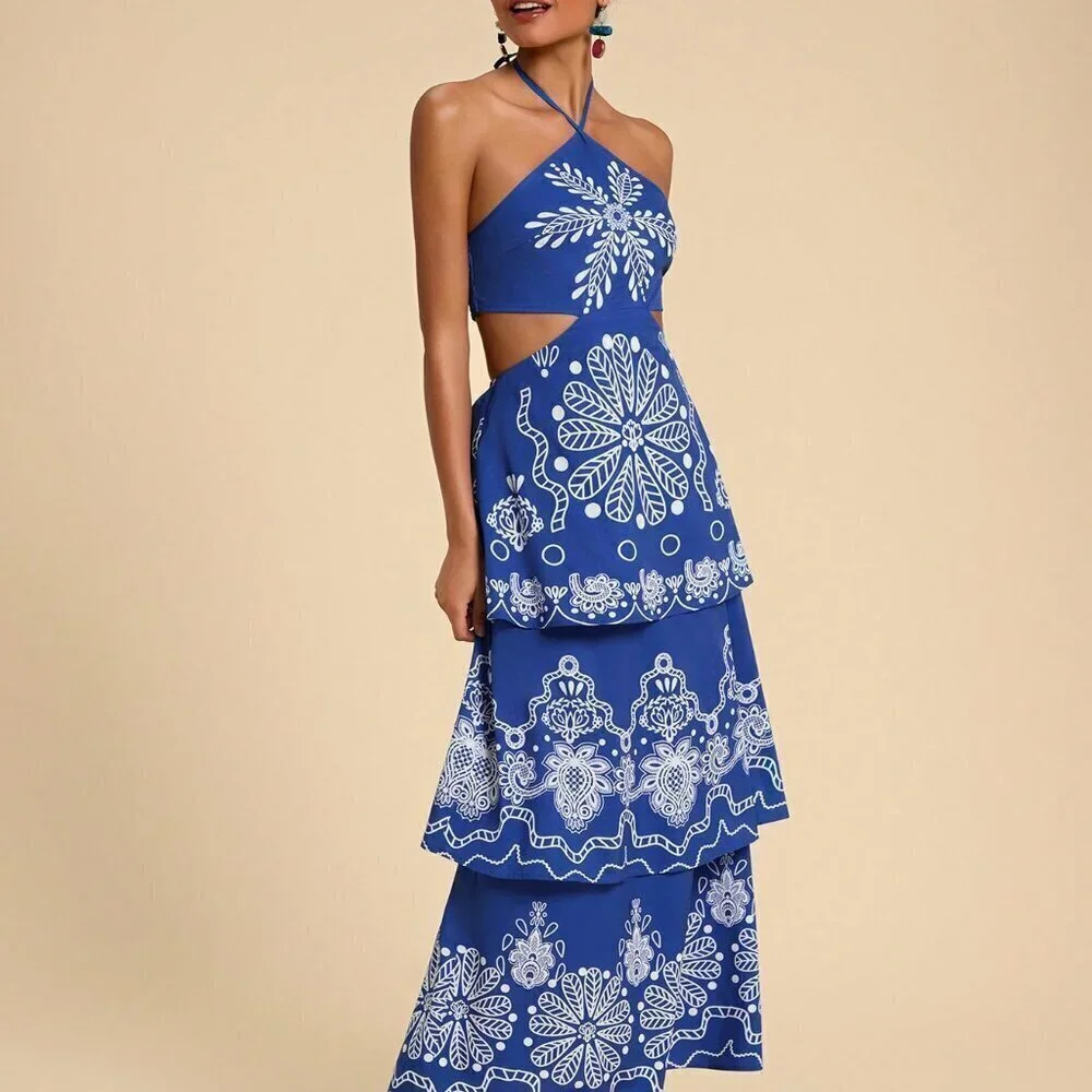 Blue Boho Women's Vacation Chiffon Floral Print Backless Halter Dress